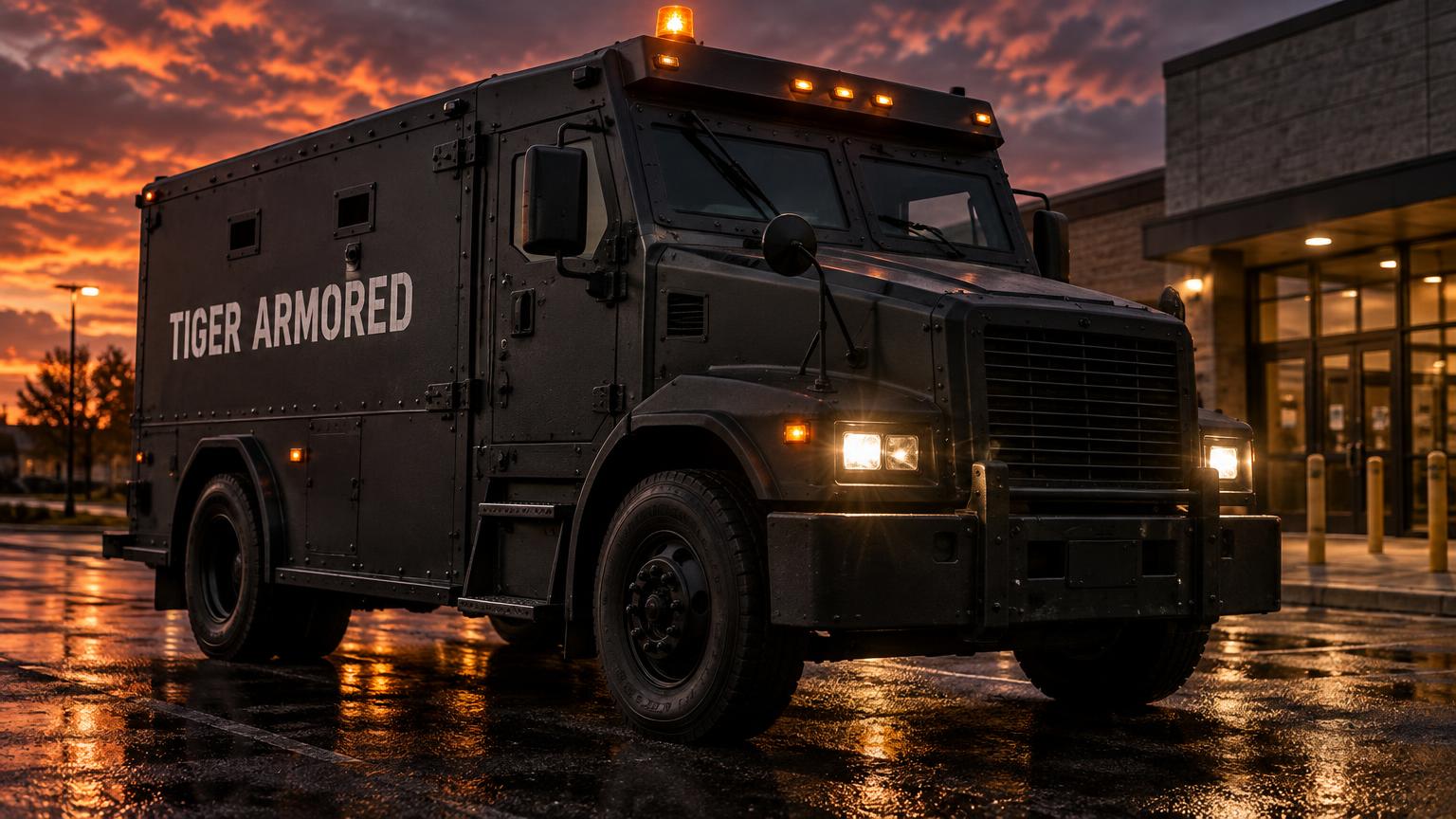 Tiger Armored armored truck at dusk